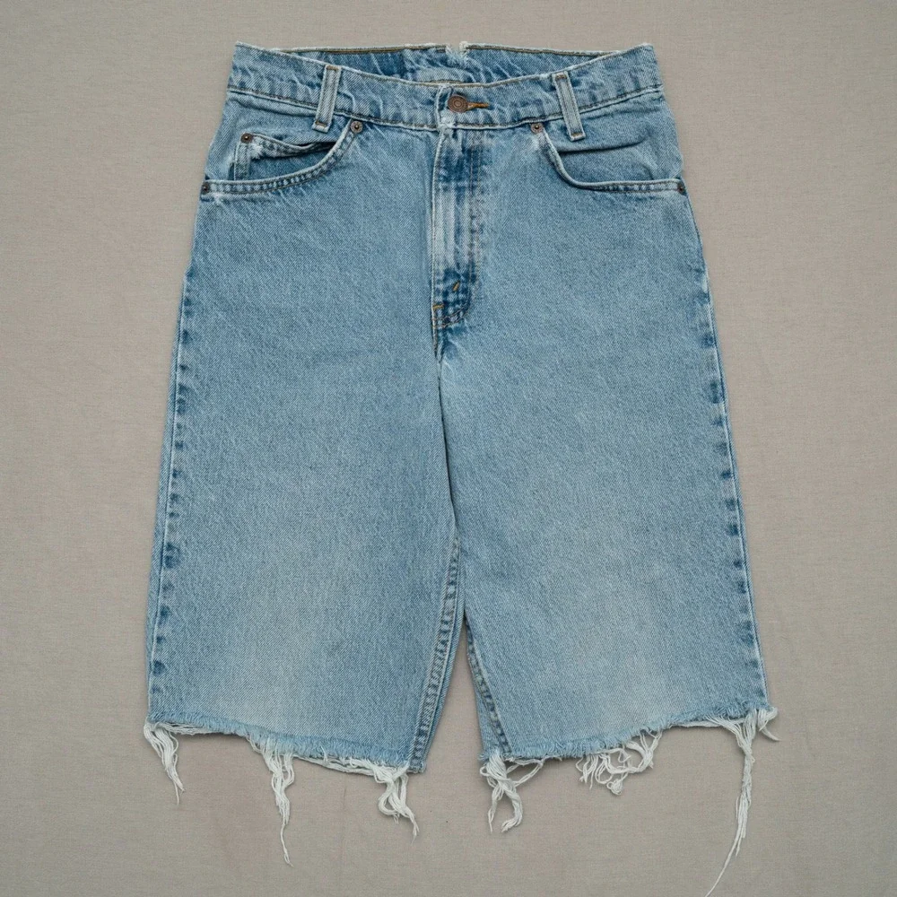 Vintage Levis Orange Tab 550 Student Cut Off Denim Shorts Jorts Raw Hem 27x12